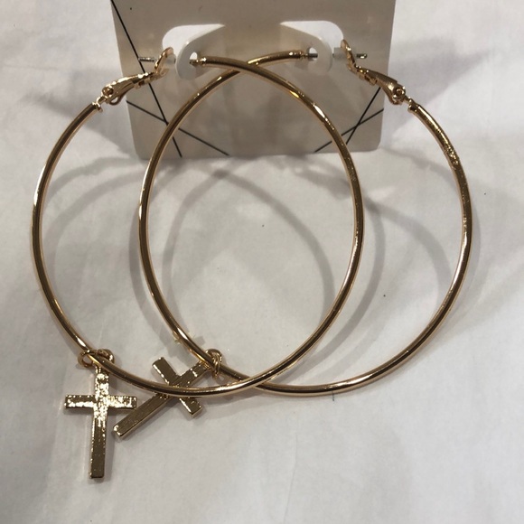 Aldo gold tone pave studded‎ cross charm hoop earrings new - Picture 1 of 7